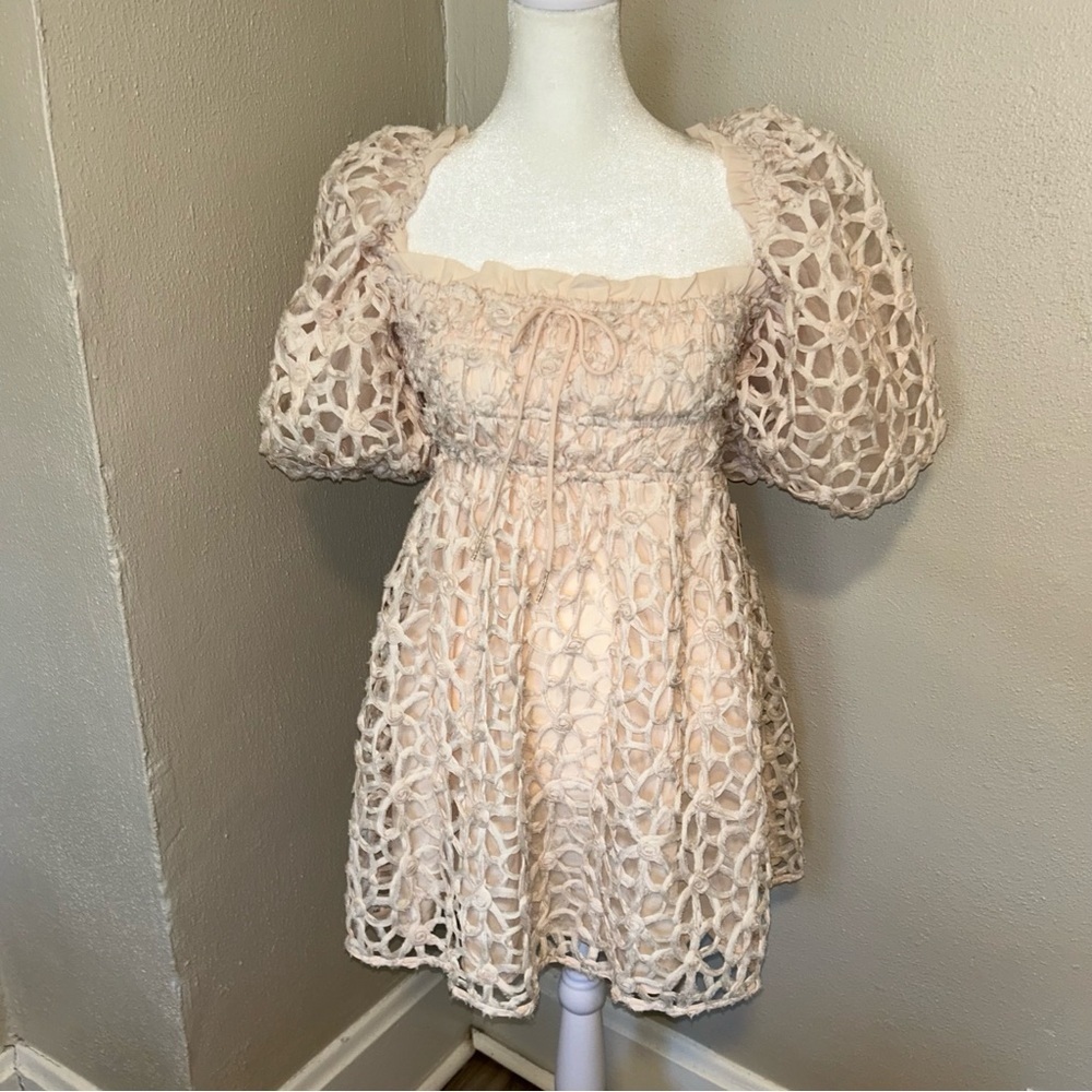 For Love And Lemons crochet Cream Puff Sleeve bridal cottagecore Mini Dress - Picture 2 of 6